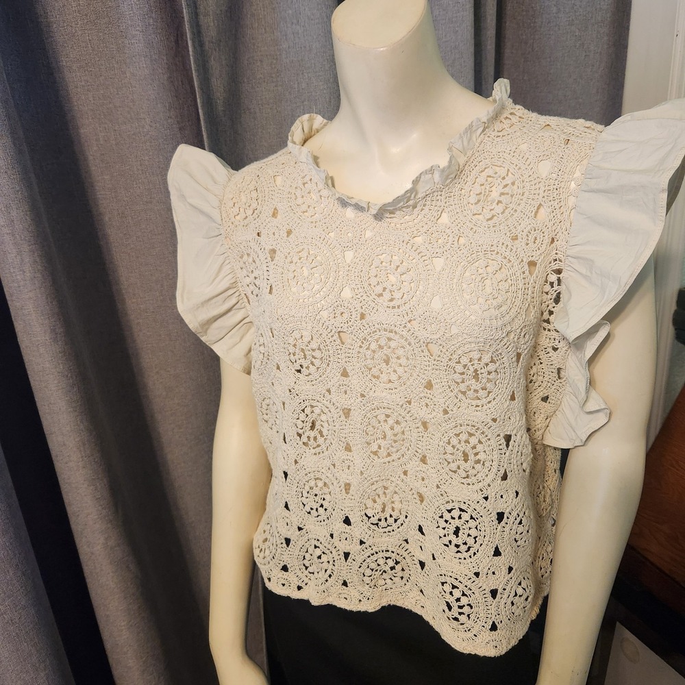 Crochet Knit Fairy Cottage Open Knit Whimsical Wing Sleeve By Design XL Ivory